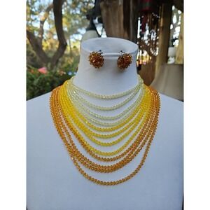 VTG Crystal Bead 12-Strand Bib Necklace Set Faceted‎ Sunshine Pompadour AUSTRIA